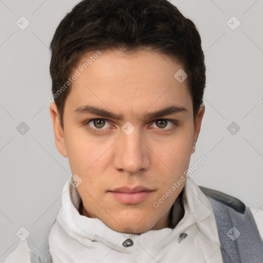 Neutral white young-adult male with short  brown hair and brown eyes