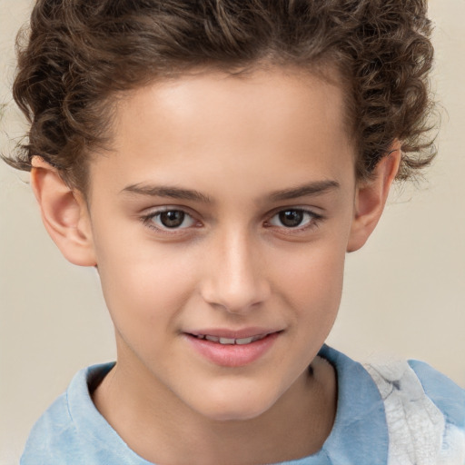 Joyful white child female with short  brown hair and brown eyes