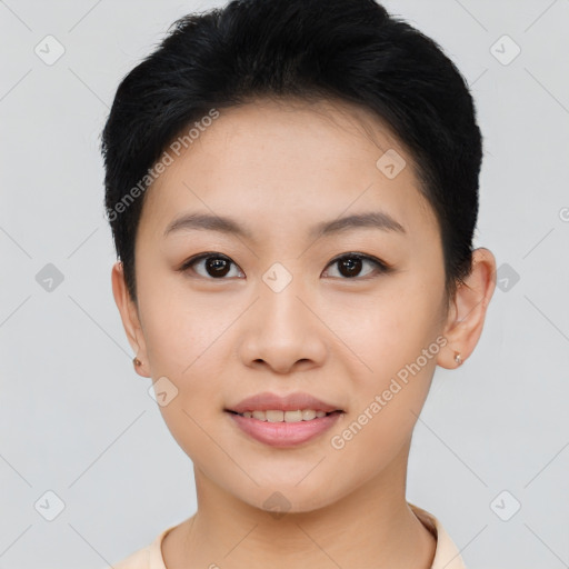 Joyful asian young-adult female with short  black hair and brown eyes