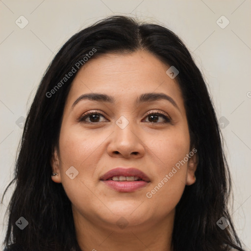 Joyful asian young-adult female with long  brown hair and brown eyes