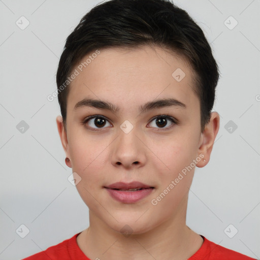 Neutral white young-adult female with short  brown hair and brown eyes