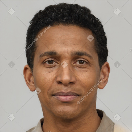 Neutral black adult male with short  black hair and brown eyes