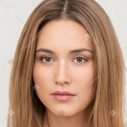 Neutral white young-adult female with long  brown hair and brown eyes