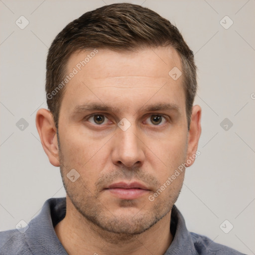 Neutral white young-adult male with short  brown hair and brown eyes