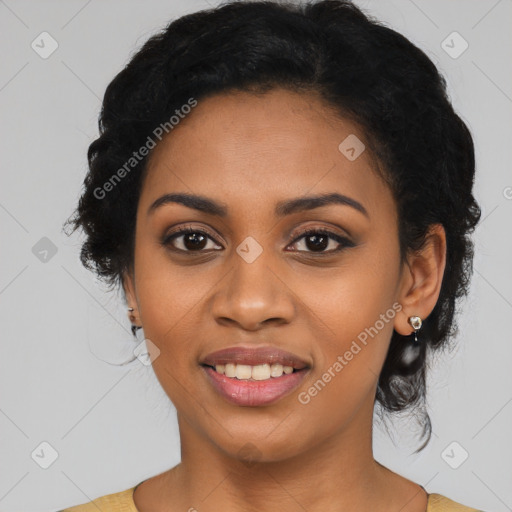 Joyful black young-adult female with medium  black hair and brown eyes