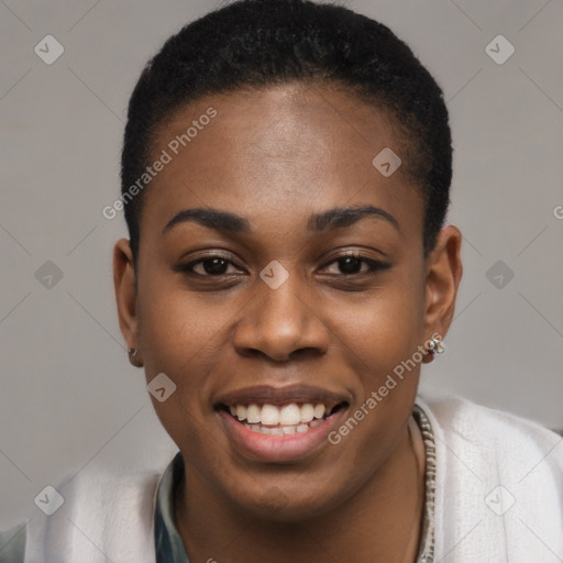 Joyful black young-adult female with short  brown hair and brown eyes