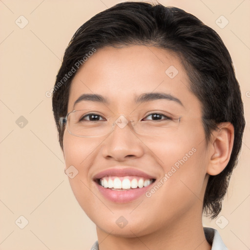 Joyful white young-adult female with medium  brown hair and brown eyes