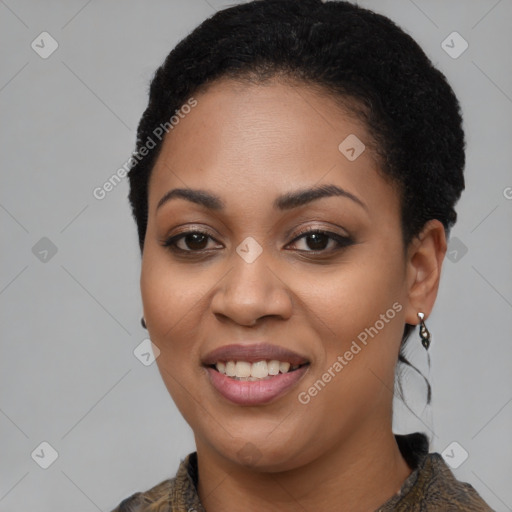 Joyful latino young-adult female with short  black hair and brown eyes