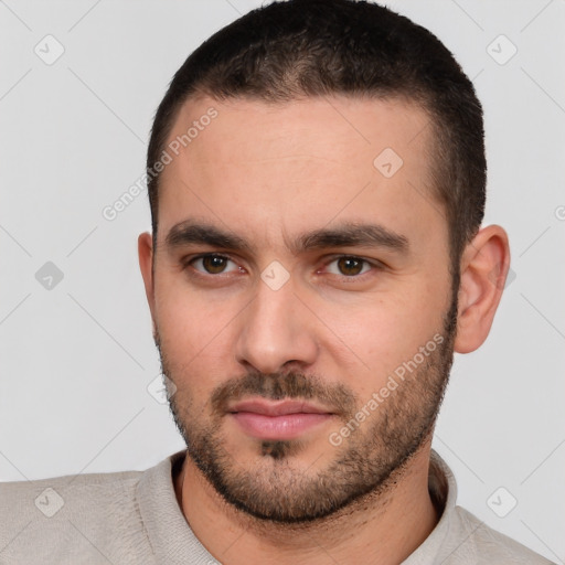 Neutral white young-adult male with short  brown hair and brown eyes