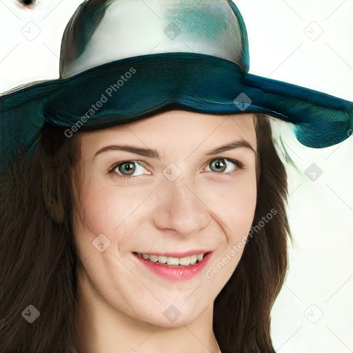 Joyful white young-adult female with long  brown hair and green eyes