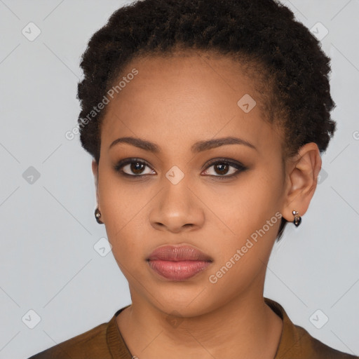 Neutral black young-adult female with short  black hair and brown eyes