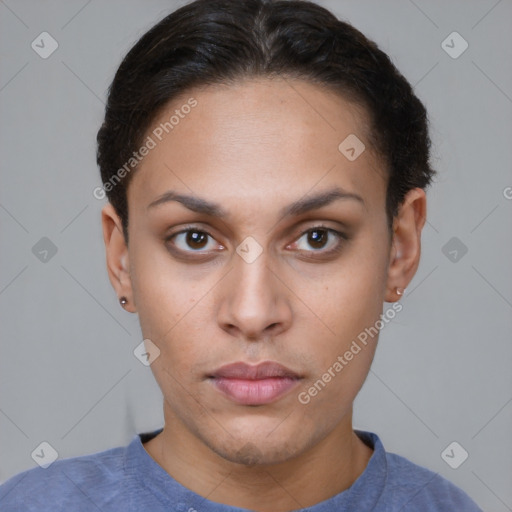 Neutral white young-adult female with short  brown hair and brown eyes