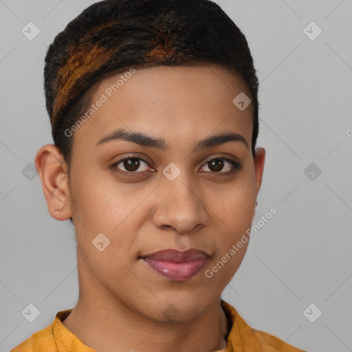 Joyful latino young-adult female with short  brown hair and brown eyes