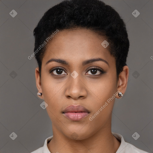 Neutral black young-adult female with short  brown hair and brown eyes