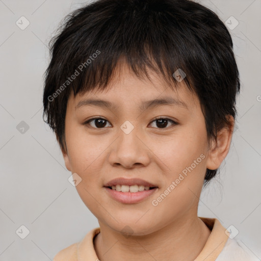 Joyful white child female with medium  brown hair and brown eyes