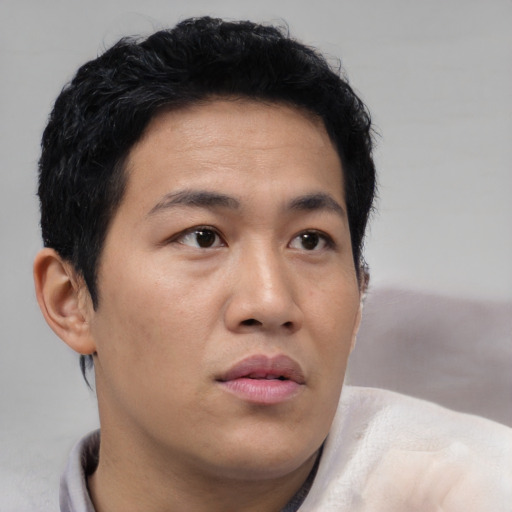 Neutral asian young-adult male with short  black hair and brown eyes
