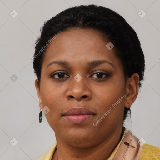 Neutral black young-adult female with short  brown hair and brown eyes