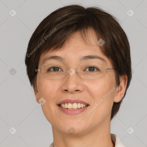 Joyful white adult female with short  brown hair and brown eyes