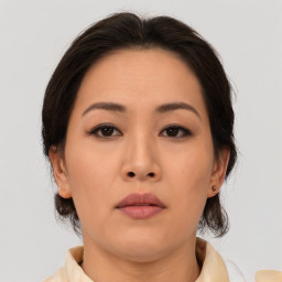 Neutral asian young-adult female with medium  brown hair and brown eyes