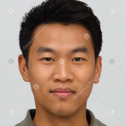 Neutral asian young-adult male with short  black hair and brown eyes