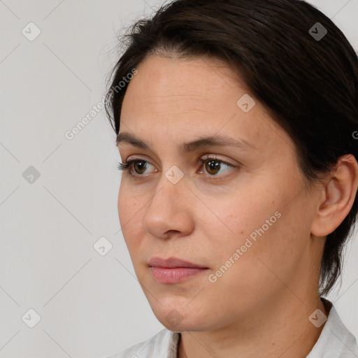 Neutral white young-adult female with medium  brown hair and brown eyes