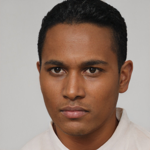 Neutral black young-adult male with short  black hair and brown eyes