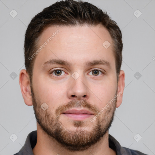 Neutral white young-adult male with short  brown hair and grey eyes