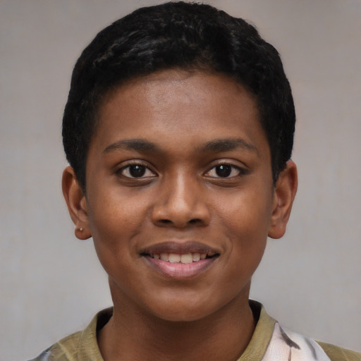 Joyful latino young-adult female with short  black hair and brown eyes