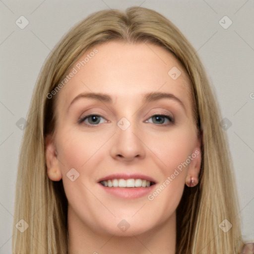 Joyful white young-adult female with long  brown hair and grey eyes