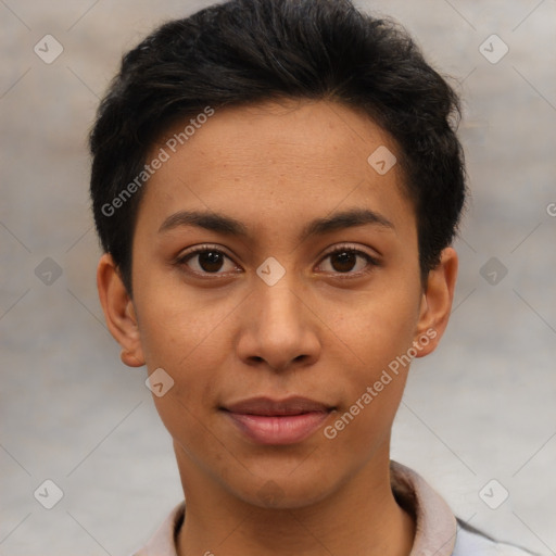 Joyful asian young-adult female with short  brown hair and brown eyes