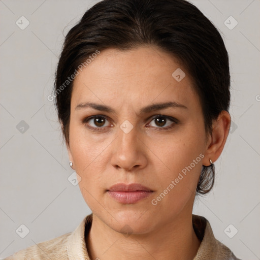 Neutral white young-adult female with medium  brown hair and brown eyes