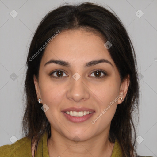 Joyful white young-adult female with medium  brown hair and brown eyes