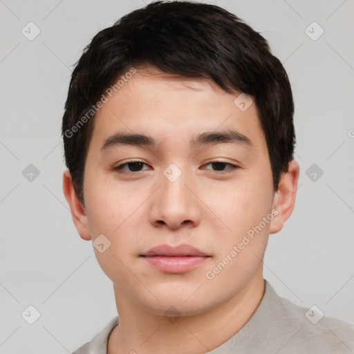 Neutral asian young-adult male with short  brown hair and brown eyes