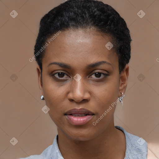 Joyful black young-adult female with short  black hair and brown eyes