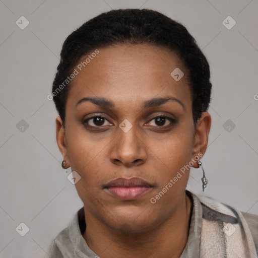 Neutral black young-adult female with short  black hair and brown eyes