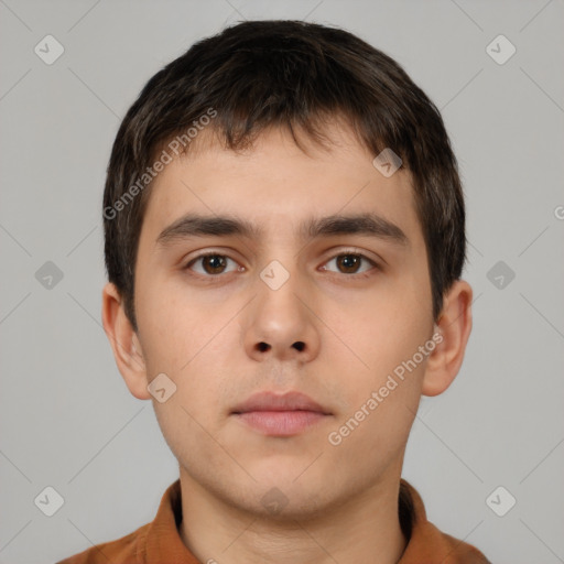 Neutral white young-adult male with short  brown hair and brown eyes