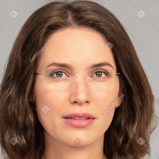 Joyful white young-adult female with medium  brown hair and green eyes