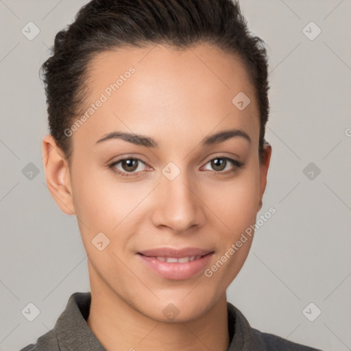 Joyful white young-adult female with short  brown hair and brown eyes