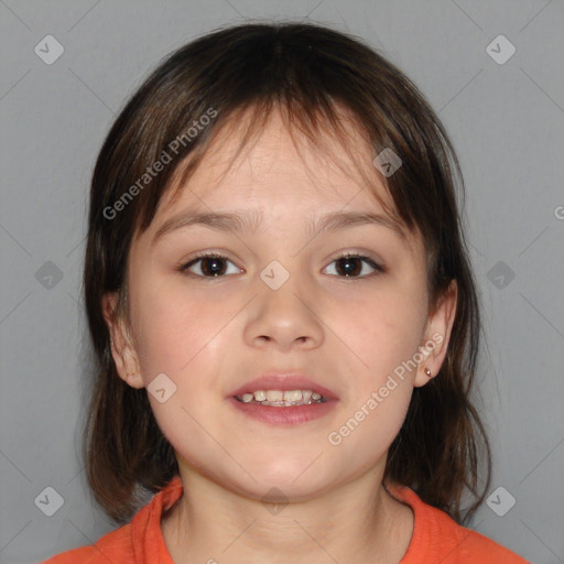 Joyful white child female with medium  brown hair and brown eyes