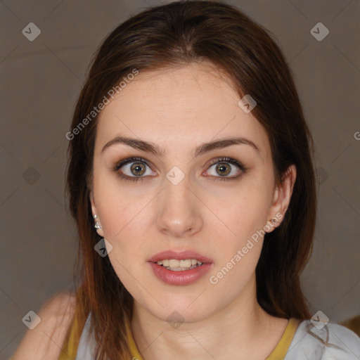 Neutral white young-adult female with medium  brown hair and brown eyes