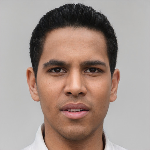 Neutral latino young-adult male with short  black hair and brown eyes