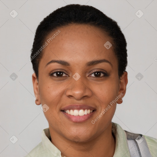 Joyful latino young-adult female with short  black hair and brown eyes