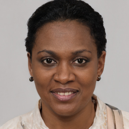 Joyful black adult female with short  black hair and brown eyes