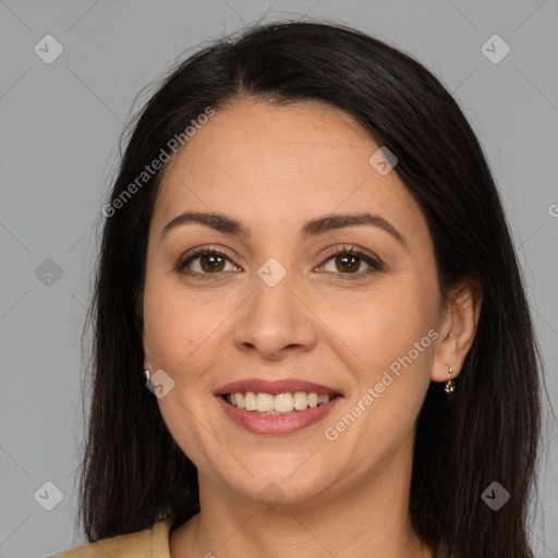 Joyful white young-adult female with long  brown hair and brown eyes