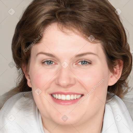 Joyful white young-adult female with medium  brown hair and blue eyes