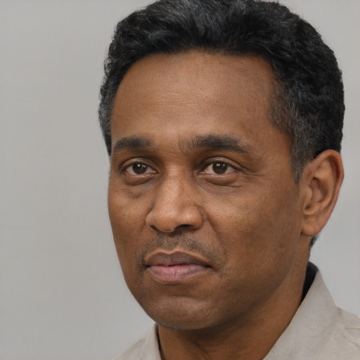 Neutral latino adult male with short  black hair and brown eyes