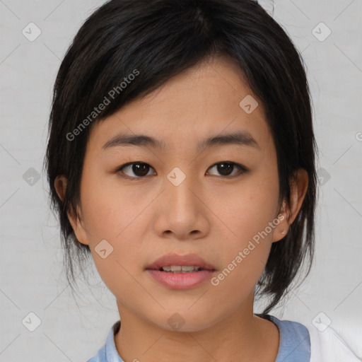 Neutral asian young-adult female with medium  brown hair and brown eyes