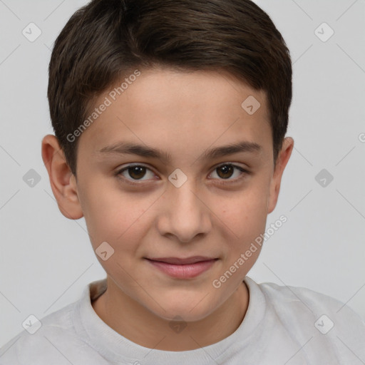 Joyful white child female with short  brown hair and brown eyes