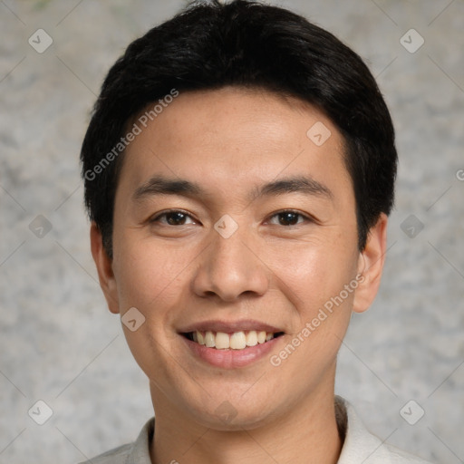 Joyful white young-adult male with short  black hair and brown eyes