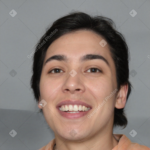 Joyful white young-adult female with medium  brown hair and brown eyes